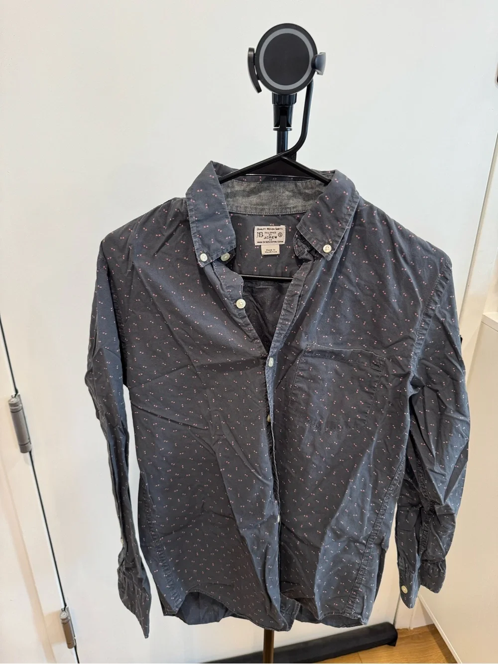 J. Crew Navy Shirt with Pink Dot Pattern